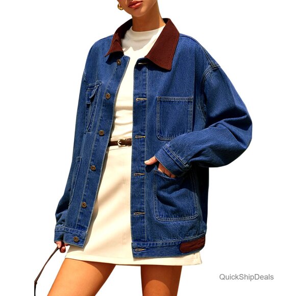Oversized Denim Jacket with Contrast Collar Long Sleeve Button Down Barn Coat